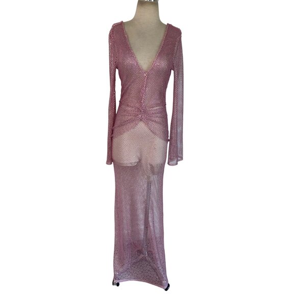 PatBO Rhinestone Netted Plunge Gown in Light Pink 4 New Womens Long Dress - Picture 5 of 11